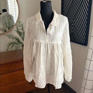Ces Femne white gauze neck peasant style tunic medium